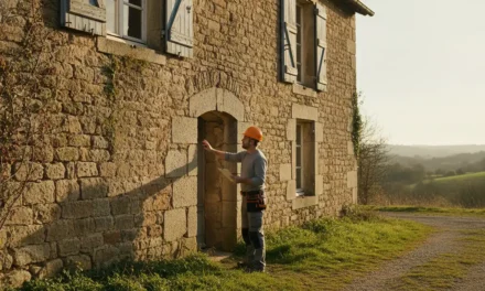 Façade en pierre d'une maison ancienne avec inspecteur réalisant un diagnostic immobilier